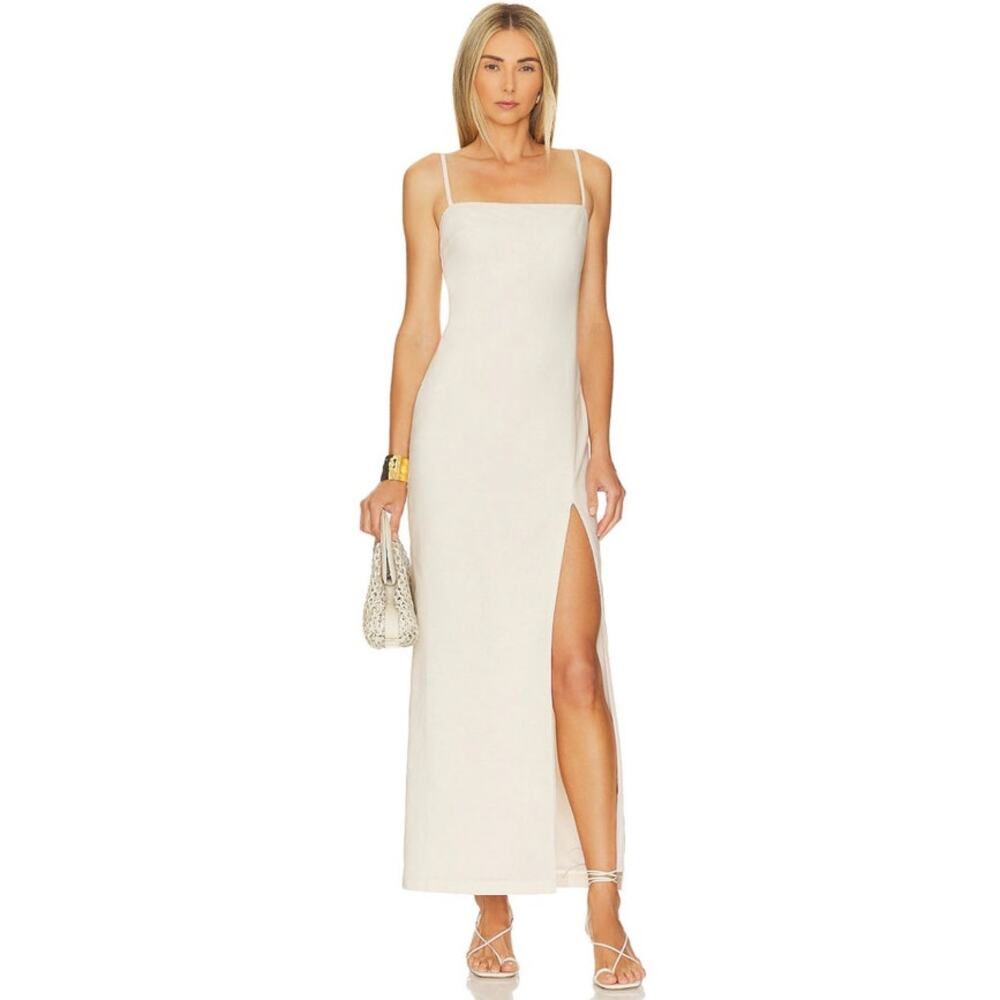 SNDYS Palmer Maxi Dress Large Sand Linen Blend Minimalist Side Slit Neutral